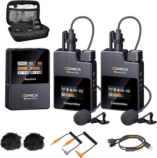 Boomx-D2 Wireless Lavalier Microphone, 2.4G Dual Lapel Mic with 2 Transmitters, Noise Cancellation, 656Ft Range, Compatible with Iphone, Android, Camera, for Youtube Video Recording Streaming