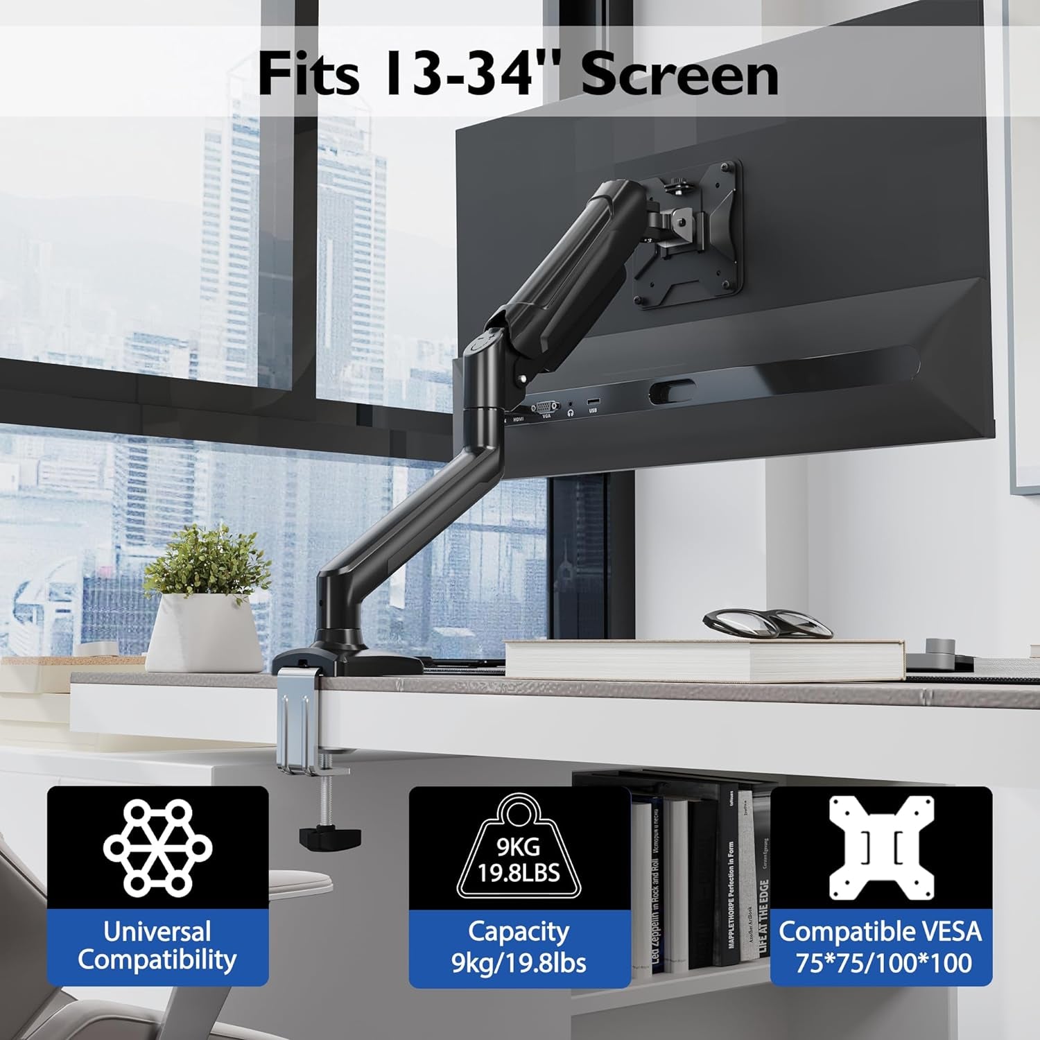 Single Monitor Desk Mount, 13 to 34 Inch Gas Spring Monitor Arm, Adjustable Stand, VESA Mount with Clamp and Grommet Base, Fits 6.6 to 19.8Lbs LCD Computer Monitors, Cable Management, Black