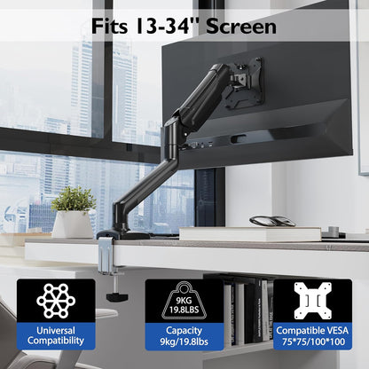 Single Monitor Desk Mount, 13 to 34 Inch Gas Spring Monitor Arm, Adjustable Stand, VESA Mount with Clamp and Grommet Base, Fits 6.6 to 19.8Lbs LCD Computer Monitors, Cable Management, Black