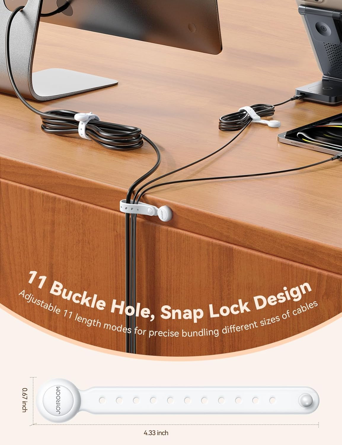 12PCS Magnetic Cable Ties - Reusable Silicone Cord Organizer with Buckle Holes, Elastic Cable Management Straps for Data Cables, Charging Cords, and More (White)