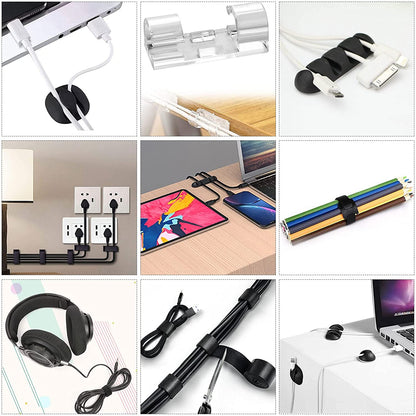 Cord Management Organizer Kit 4 Cable Sleeve Split with 41Self Adhesive Clips Holder, 10Pcs and 2 Roll Self Tie 100 Fastening Ties for TV Office Car Desk Home Black