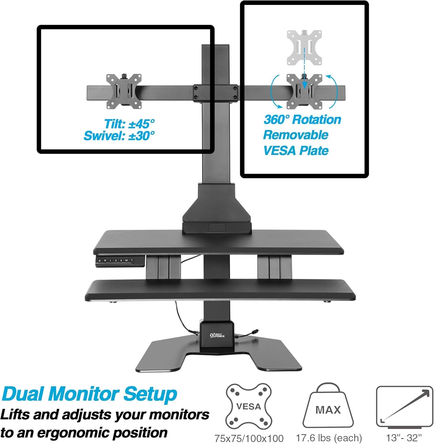 Dual 32" Monitor Electric Standing Desk Converter with Huge Keyboard Tray Extra Large 28"X 16" Spacious Tabletop Motorized Automatic Height Adjustable Sit to Stand Table Sturdy Small Footprint