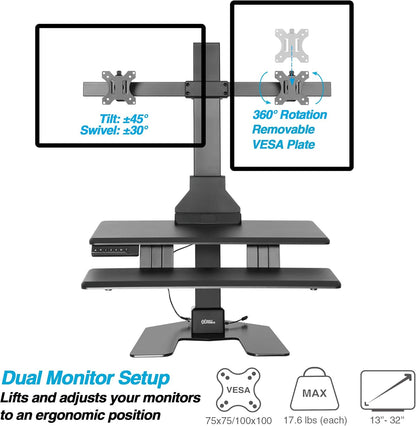 Dual 32" Monitor Electric Standing Desk Converter with Huge Keyboard Tray Extra Large 28"X 16" Spacious Tabletop Motorized Automatic Height Adjustable Sit to Stand Table Sturdy Small Footprint
