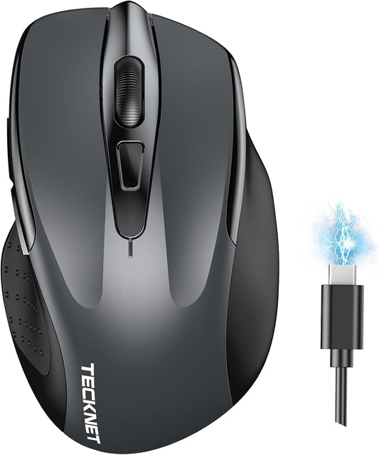 Wireless Mouse (BT5.0/3.0 & 2.4G) Rechargeable 4800 DPI Silent USB a & Bluetooth Mouse 6 Buttons, Wide Compatibility - Grey