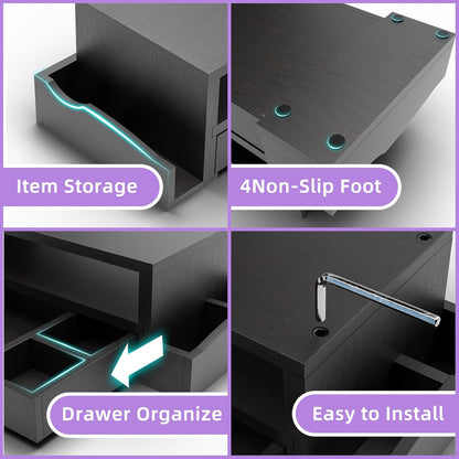 Monitor Stand Riser and Computer Wood Desk Organizer with Drawer and Pen Holder for Laptop, Computer, Imac, Black