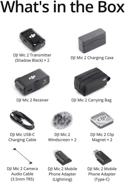 Mic 2 (2 TX + 1 RX + Charging Case), Wireless Lavalier Microphone, Intelligent Noise Cancelling, 32-Bit Float Internal Recording, 820 Ft.(250M) Range, Microphone for Iphone, Android, Camera