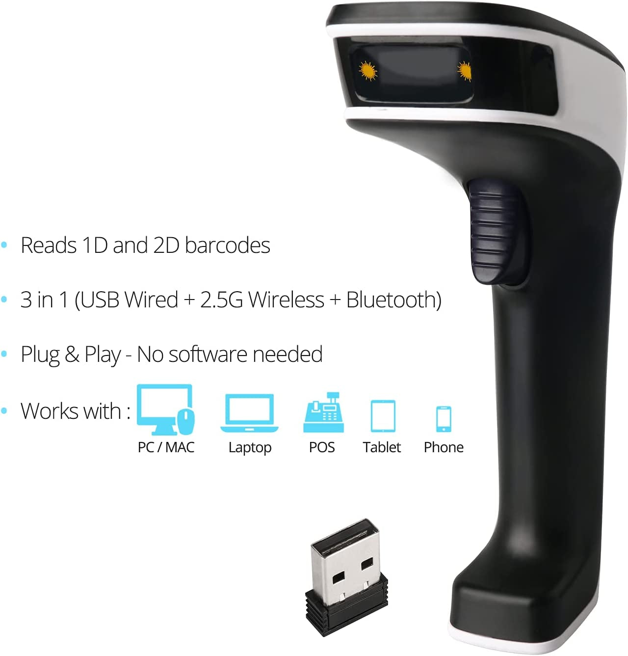 Portable Wireless Bluetooth Barcode Scanner: 3-In-1 Hand Scanners - Cordless, Rechargeable 1D and 2D Scan Gun for Inventory Management - Wireless, Handheld, USB Bar Code/Qr Code Reader