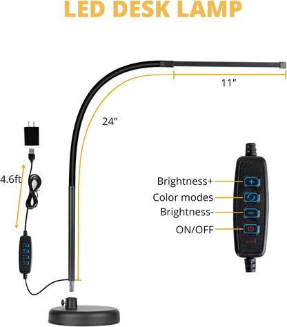 LED Desk Lamp, Swing Arm Architect Task Lamp with Long Flexible Gooseneck, 3 Color Modes, and USB Adapter, Dimmable Desk Light for Home/Office/Drafting/Reading/Piano