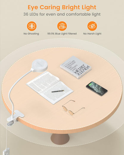 5W Clip on Light, 36 LED Eye Caring Reading Light for Bed, 3 Colors & 5 Brightness Clip on Lamp with Adapter, Perfect Reading Light for Bed Lamp/Bunk Bed Light