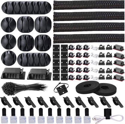 Cord Management Organizer Kit 4 Cable Sleeve Split with 41Self Adhesive Clips Holder, 10Pcs and 2 Roll Self Tie 100 Fastening Ties for TV Office Car Desk Home Black