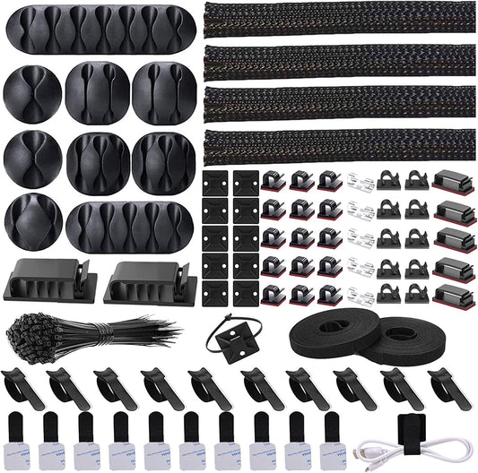 Cord Management Organizer Kit 4 Cable Sleeve Split with 41Self Adhesive Clips Holder, 10Pcs and 2 Roll Self Tie 100 Fastening Ties for TV Office Car Desk Home Black