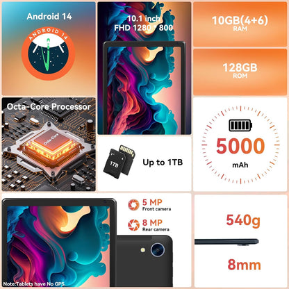Tablet,10.1" Android Tablet with Octa-Core Processor 10GB RAM 128GB ROM HD IPS Touchscreen 8H Battery, Wi-Fi 6, BT 5.0, Dual Camera, Google Tablets 2025