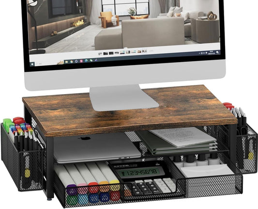 Monitor Stand Riser, Desk Organizer with Drawer and Pen Holder, 2-Tier Computer Stand, Office Desk Accessories, Office Organization (Wood)