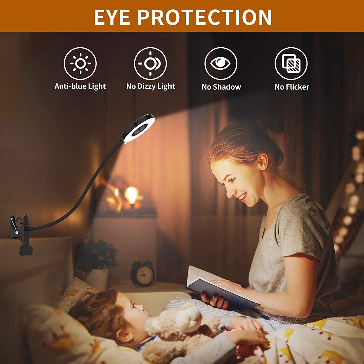 Desk Lamp, [3 Color Modes & 10 Brightness] LED Reading Light with Clamp, Flexible Gooseneck Book Light for Kids Reading Book in Bed at Night Clip on Table, Headboard, Dorm - 15.8‘’ Black