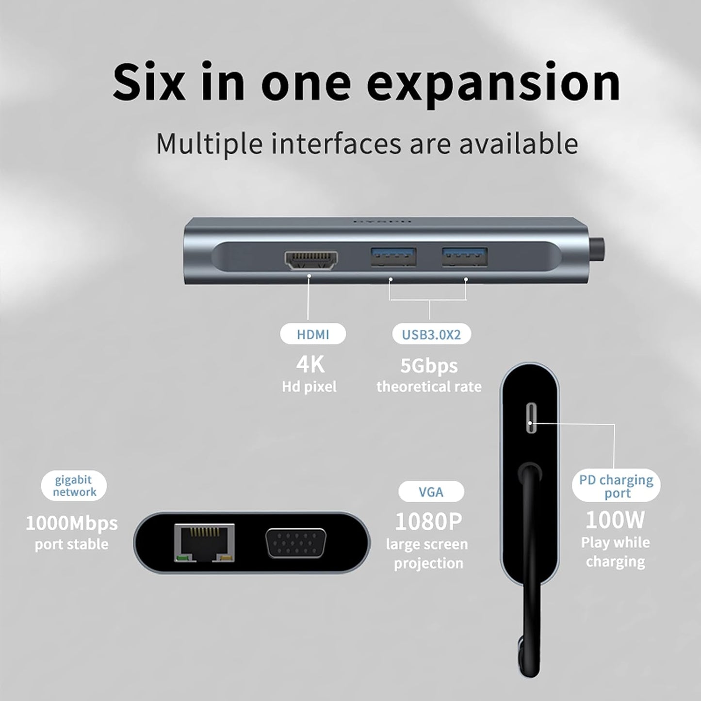 USB C Hub Docking Station, 6-In-1 Dual Monitor Adapter with 4K HDMI, 1080P VGA, 2 USB 3.0 Ports, 100W PD Charging Input, Gigabit Ethernet – Compatible with Macbook, Dell, HP, Lenovo, and More