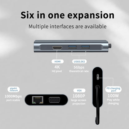 USB C Hub Docking Station, 6-In-1 Dual Monitor Adapter with 4K HDMI, 1080P VGA, 2 USB 3.0 Ports, 100W PD Charging Input, Gigabit Ethernet – Compatible with Macbook, Dell, HP, Lenovo, and More