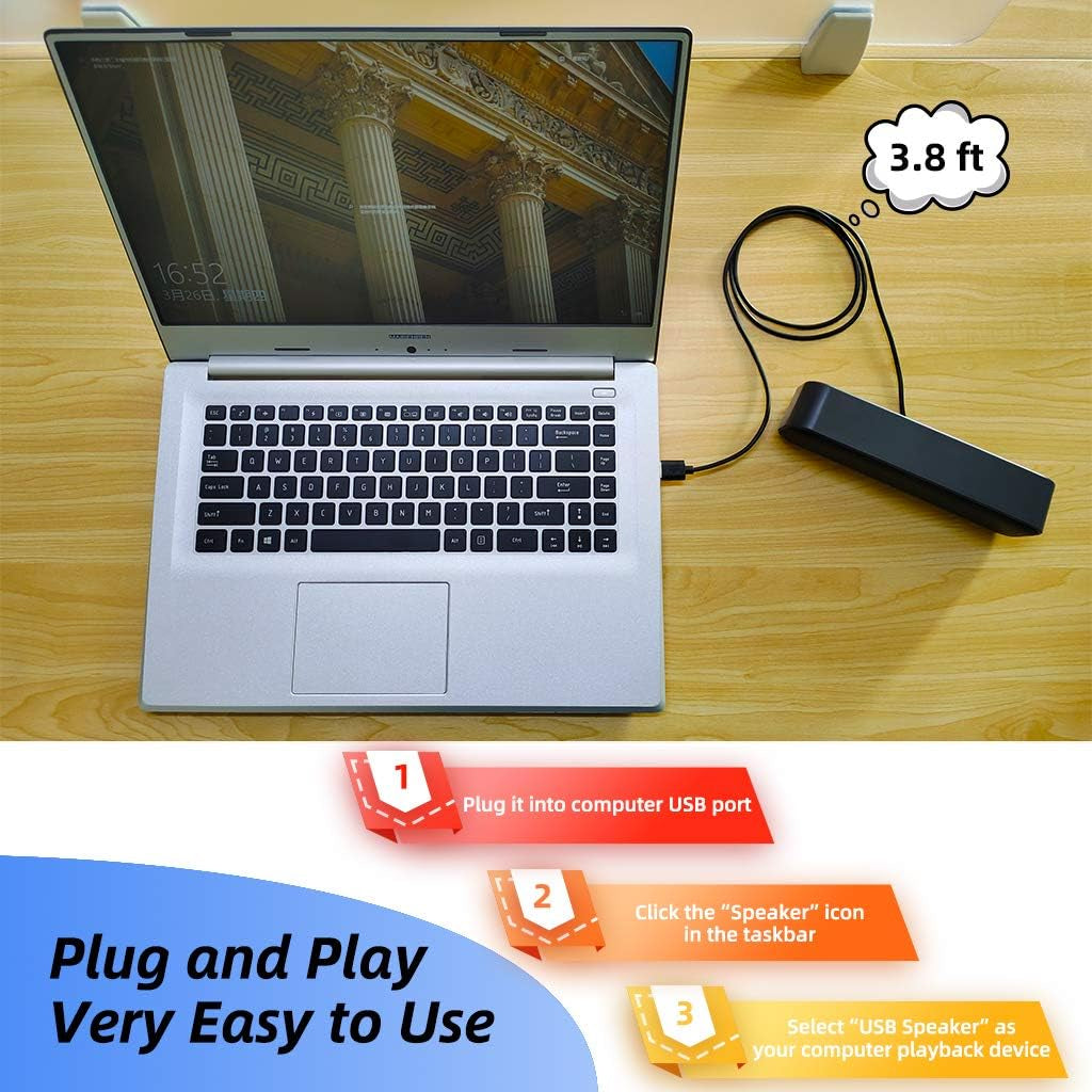 [Upgraded] USB Computer /Laptop Speaker with Stereo Sound & Enhanced Bass, Portable Mini Sound Bar for Windows Pcs, Desktop Computer and Laptops