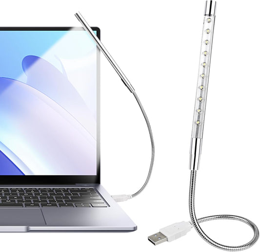 Keyboard Light Portable USB LED Light 10 Lamp Beads LED Laptop Light with Long Gooseneck Flexible Stick Laptop Light for Reading Book and Striking Keyboard (No Touch Switch, 1 Pcs, Silver)