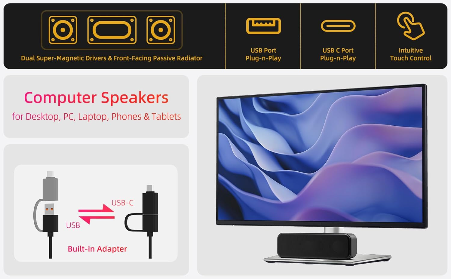 Computer Speakers for Desktop PC Laptop, Wired, USB Plug-In, External Speakers for Monitor, Small Computer Sound Bar for PC, Loud Speaker with Deep Bass, Touch Control, Built-In USB-C to USB Adapter