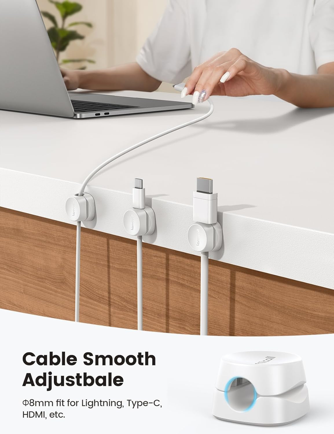 8Pack Cord Organizer [1S Lock] Spring Cable Management Clips -  Desk Cord Holder, Adhesive Cute round Cable Clip, Phone Charger Wire Organizer Keeper for Nightstand Car Office Accessory, White
