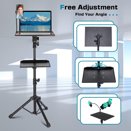 Projector Tripod Stand, 50” Laptop Stand with 2 Shelves for Projector, Ipad, DJ Equipment, Portable Adjustable Floor Stand with Gooseneck Phone Holder for Office, Home, Stage or Studio