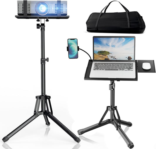 Projector Stand Laptop Tripod Stand - Portable Stand Adjustable Height 20 to 60 Inch, Projector Stand with Gooseneck Phone Holder ＆ Mouse Tray, Laptop Floor Stand for Podium, Home, Studio, DJ Racks