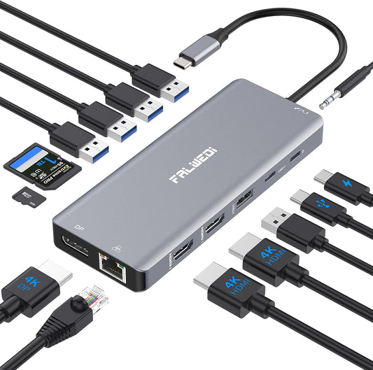 Laptop Docking Station Dual Monitor, 14 in 1 USB C Hub Multiport Adapter Dongle with 2 HDMI, Displayport, Ethernet, SD/TF, USB C/A Ports, PD, Mic/Audio, Compatible for Macbook Dell HP Lenovo