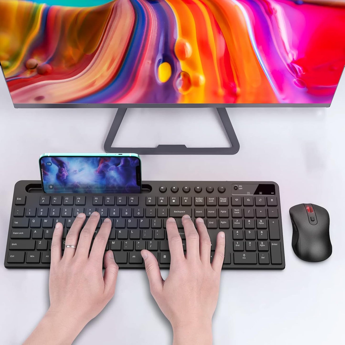 Wireless Keyboard and Mouse Combo,  2.4G Ergonomic Wireless Computer Keyboard with Phone Tablet Holder, Silent Mouse with 6 Button, Compatible with Macbook, Windows (Black)