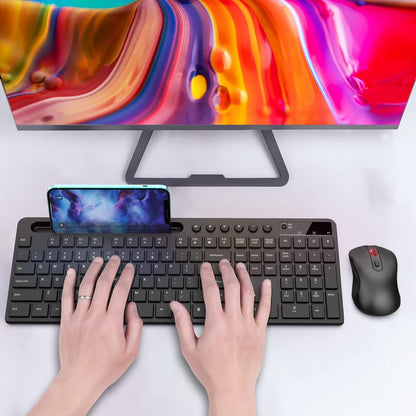Wireless Keyboard and Mouse Combo,  2.4G Ergonomic Wireless Computer Keyboard with Phone Tablet Holder, Silent Mouse with 6 Button, Compatible with Macbook, Windows (Black)
