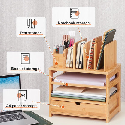 Bamboo Desk Organizer with Drawer and File Holder, Office Organization for Desks with Adjustable Pen Holding, Desktop Letter Paper Tray Storage for Workplace Home School (Natural, L)