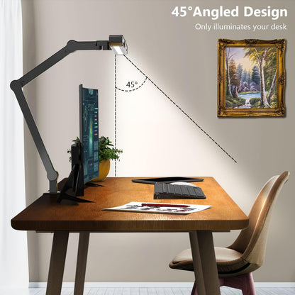 Led Desk Lamp with Clamp, Architect Desk Lamp for Home Office with Atmosphere Lighting, 24W Ultra Bright Auto Dimming Computer Light Stepless Dimming and Tempering LED Table Light