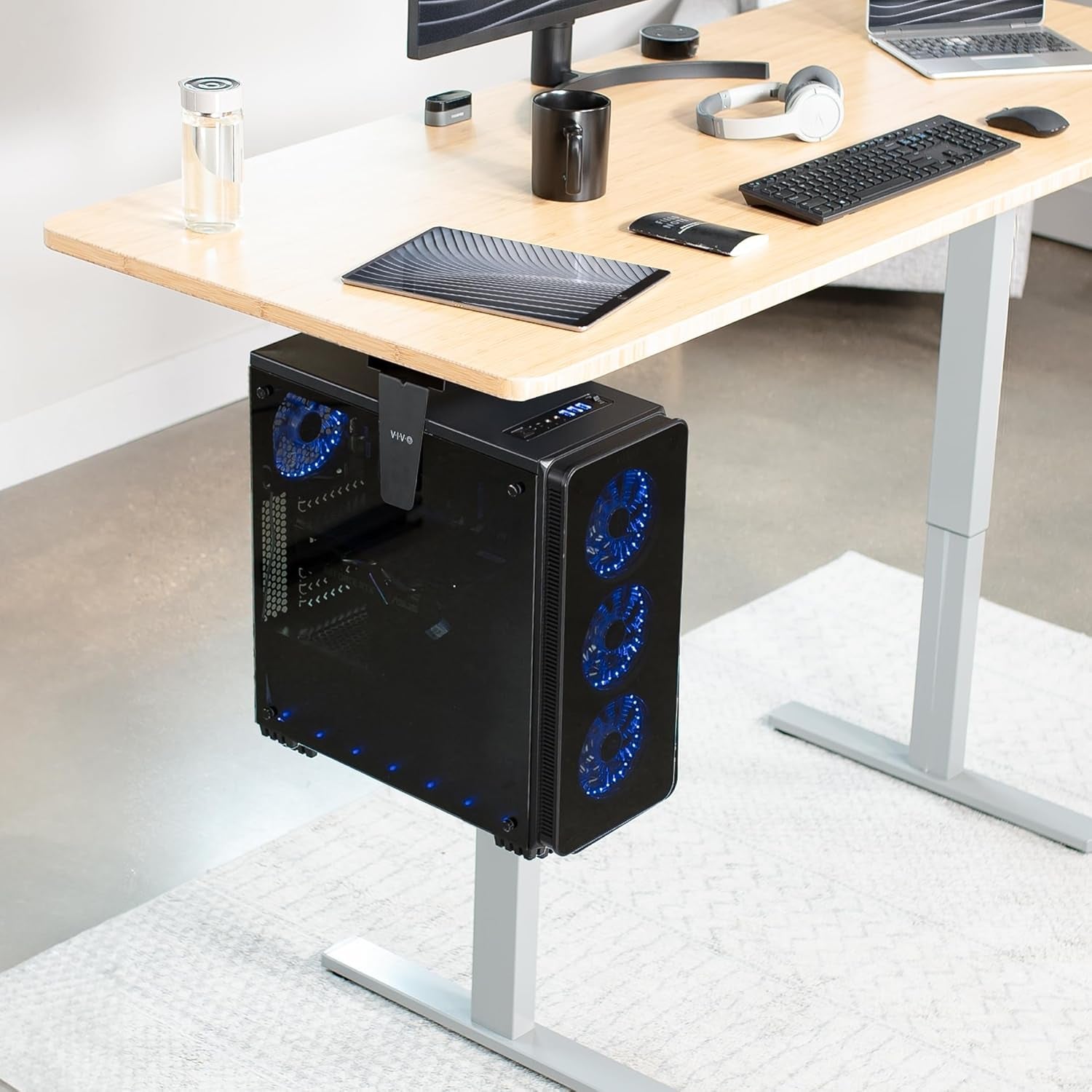 Adjustable under Desk and Wall PC Mount, Computer Case CPU Holder with Swivel Action and Secure Locking, Black, MOUNT-PC01
