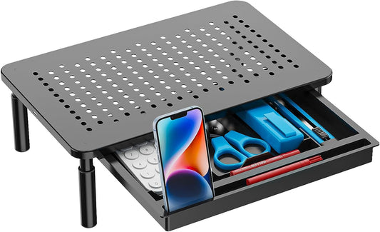 Computer Monitor Stand with Storage, Desk Monitor Riser 3 Height Adjustable, Laptop Riser with Airflow Vents, Desk Organizer for Computer, Laptop, Printer, Notebook (STT003D-B), 1 Pack, Black