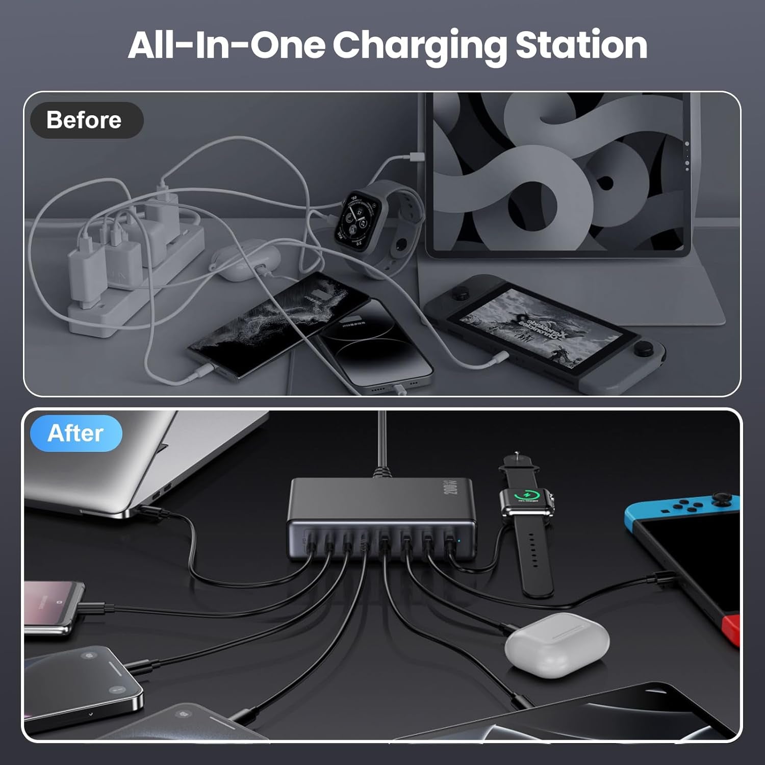 200W USB C Charger Block,Gan IV Charging Station 8 Ports,Qc4.0 Fast Charging Station Hub+Pd 65W USB C Laptop Charger Adapter Compatible with Macbook Air/Pro,Dell,Iphone 16/15,Ipad,Steam Deck-Black