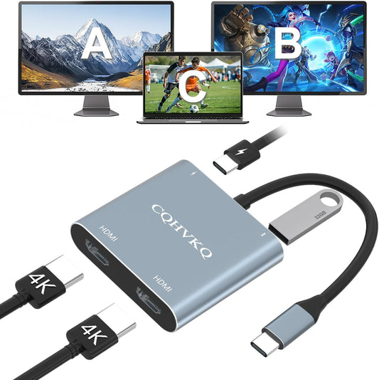 USB C to Dual HDMI Adapter, 4 in 1 USB C Hub Multiport Adapter，Supports 4K@60Hz and Dual 4K@30Hz,For Macbook/Lenovoyoga/Thinkpad, XPS, and More [Macos Only Support SST Mode]