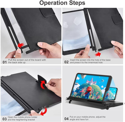 12" Foldable Smartphone Screen Magnifier for Cell Phone, Portable 3D Hd Mobile Phones Video Amplifier with Vertical and Horizontal Magnifying Display for Smartphones, for Watching Movie Videos