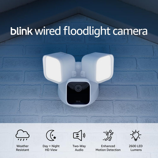 Wired Floodlight Camera - Smart Security Camera, 2600 Lumens, HD Live View, Enhanced Motion Detection, Built-In Siren, Works with Alexa – 1 Camera (White)