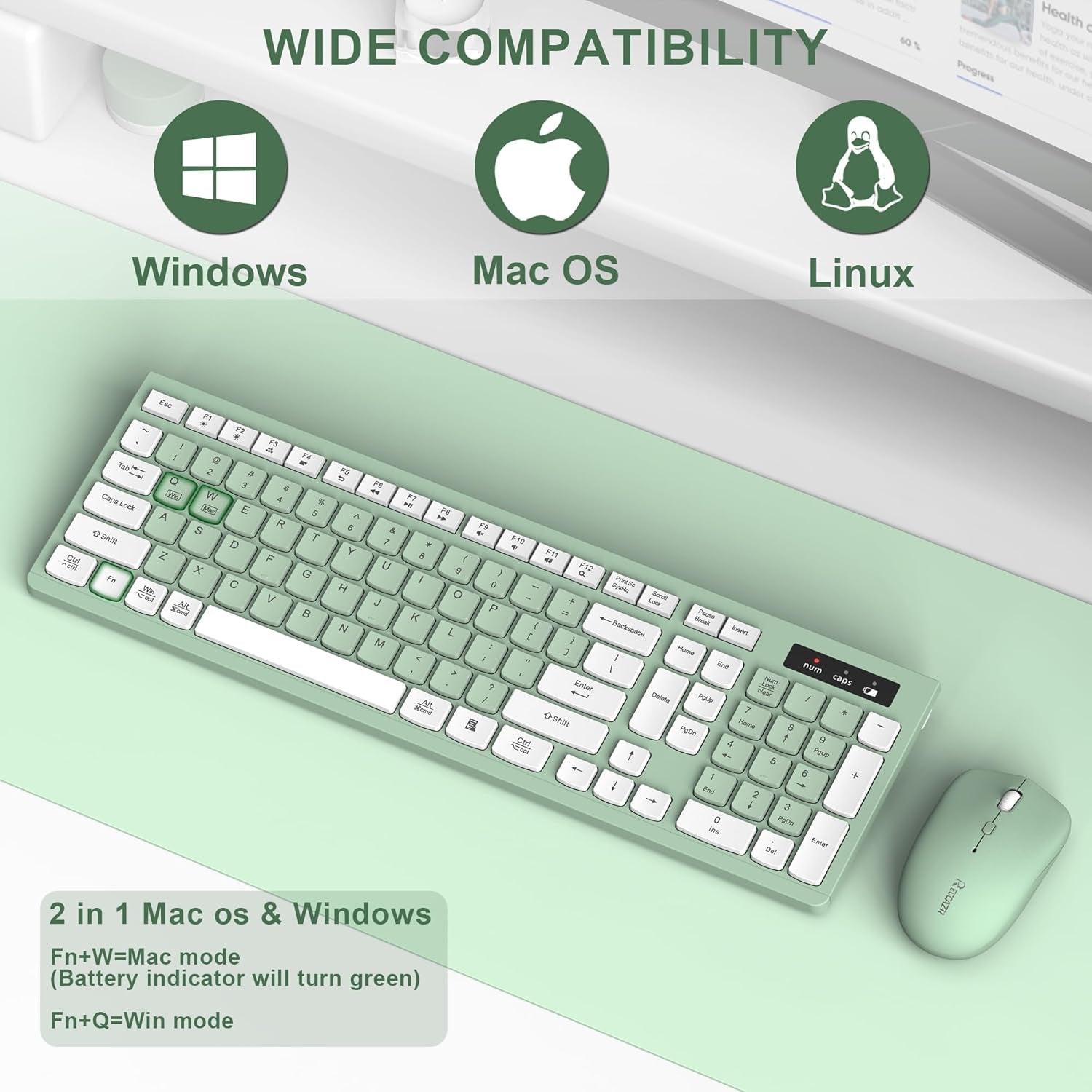 Wireless Keyboard and Mouse Combo, Full-Sized Wireless Keyboard and Adjustable DPI Mouse, 2.4Ghz USB Receiver, Silent Keyboard and Mouse for PC, Windows, MAC, Desktop, Laptop (Avocado Green)