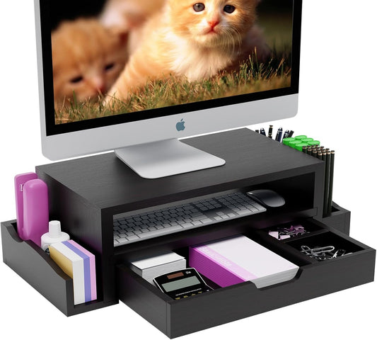 Monitor Stand Riser and Computer Wood Desk Organizer with Drawer and Pen Holder for Laptop, Computer, Imac, Black