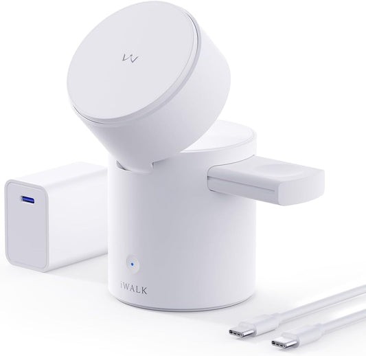 3 in 1 Wireless Charging Stand with Auto Rotation, Charging Station with Magnet for Apple Devices, 15W Foldable Wireless Charger Station for Iphone 16 15 14 13 12 & Apple Watch & Airpods, White