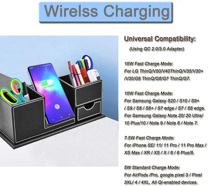 Pen Holder with Fast Wireless Charger, Cell Phone Stand Desktop Organizer, for Iphone 14/13/12/11/8/SE Series and Qi-Enabled Devices, Home Office Organizers for Desk.