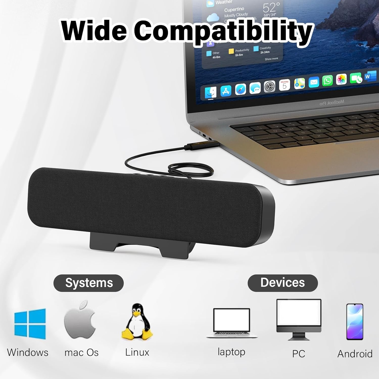 Computer Speakers for Desktop Pc, Monitor Speakers for Laptop,Pc Speakers with Loud Sound,Volume Control Easily Clamps to Monitors(Usb-C to USB Adapter Included) (Black)