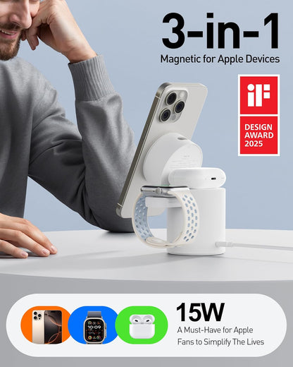 3 in 1 Wireless Charging Stand with Auto Rotation, Charging Station with Magnet for Apple Devices, 15W Foldable Wireless Charger Station for Iphone 16 15 14 13 12 & Apple Watch & Airpods, White