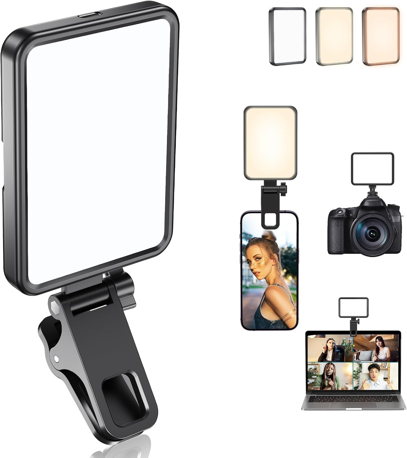 Rechargeable Soft Selfie Light for Phone, Camera, Laptop, 4-14H Battery Portable LED Light for Pictures, Phone Light Clip for Selfie, Vlog, Tiktok, Makeup, Video Conference Black