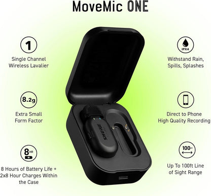Movemic One - Pro Direct to Phone Wireless Lavalier Microphone for Iphone & Android, Bluetooth Mini Mic, 24 Hours Charge, Quick Set Up, IPX4, Compact & Portable Clip Lav (MV-ONE-Z7)