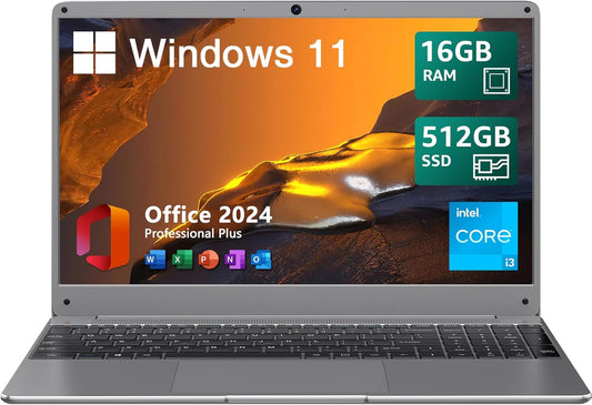 15.6" Windows 11 Laptop, Intel Core I3-5005U, 16GB RAM, 512GB SSD, FHD IPS Display, 2.4G/5G Wifi, BT5.0, RJ45, Webcam, Long Battery Life - for Work, Study, and Entertainment