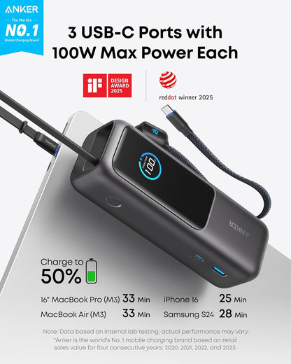 Laptop Power Bank, 25,000Mah Portable Charger with Triple 100W USB-C Ports for Multi-Device Charging, Built-In and Retractable Cables, for Iphone 16/15 Series, Macbook, Samsung, and More