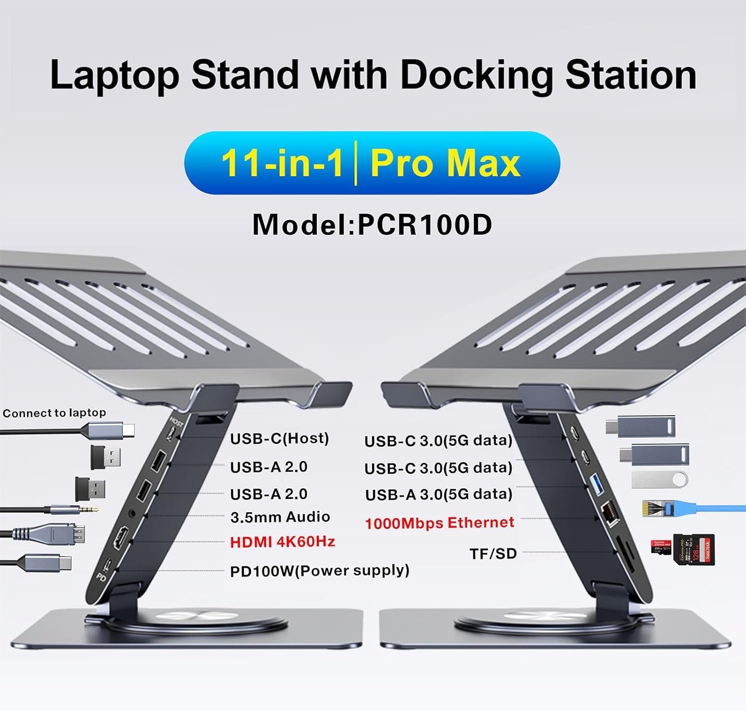 Laptop Docking Station for Macbook Pro/Air/Dell/Hp/Surface  11-In-1 USB C Hub 360°Rotatable Laptop Stand with USB Hub 4K HDMI USB 3.0 PD100W 3.5Mm Audio Jack RJ 45 TF/SD Reader Universal Laptop Dock