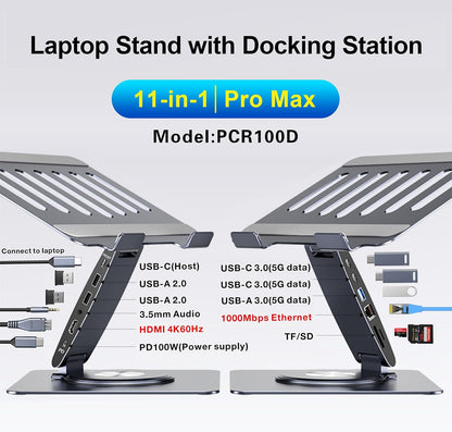 Laptop Docking Station for Macbook Pro/Air/Dell/Hp/Surface  11-In-1 USB C Hub 360°Rotatable Laptop Stand with USB Hub 4K HDMI USB 3.0 PD100W 3.5Mm Audio Jack RJ 45 TF/SD Reader Universal Laptop Dock