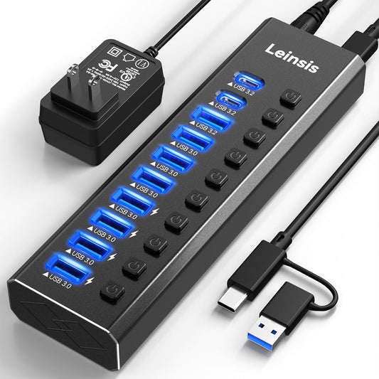 Powered USB Hub 3.2,  10-Port USB 3.2/USB C Hub (10Gbps USB-A 3.2 +2 USB-C 3.2 +7 USB 3.0 Ports) with Individual On/Off Switches and 12V Power Adapter, Aluminum USB Hub Powered for Laptop PC